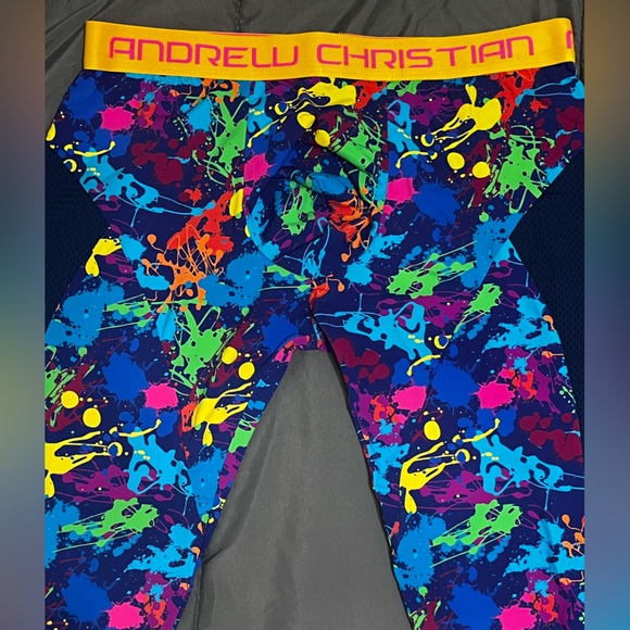 Andrew Christian Navy Blue Paint Splatter Colorful Leggings Size Medium - Picture 2 of 4